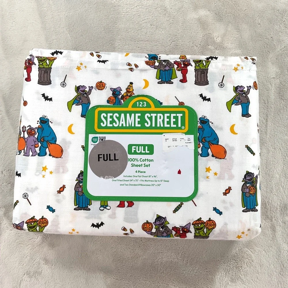 Sesame Street Halloween Full Sheet Set 100% Cotton Elmo Cookie Monster 4 Piece